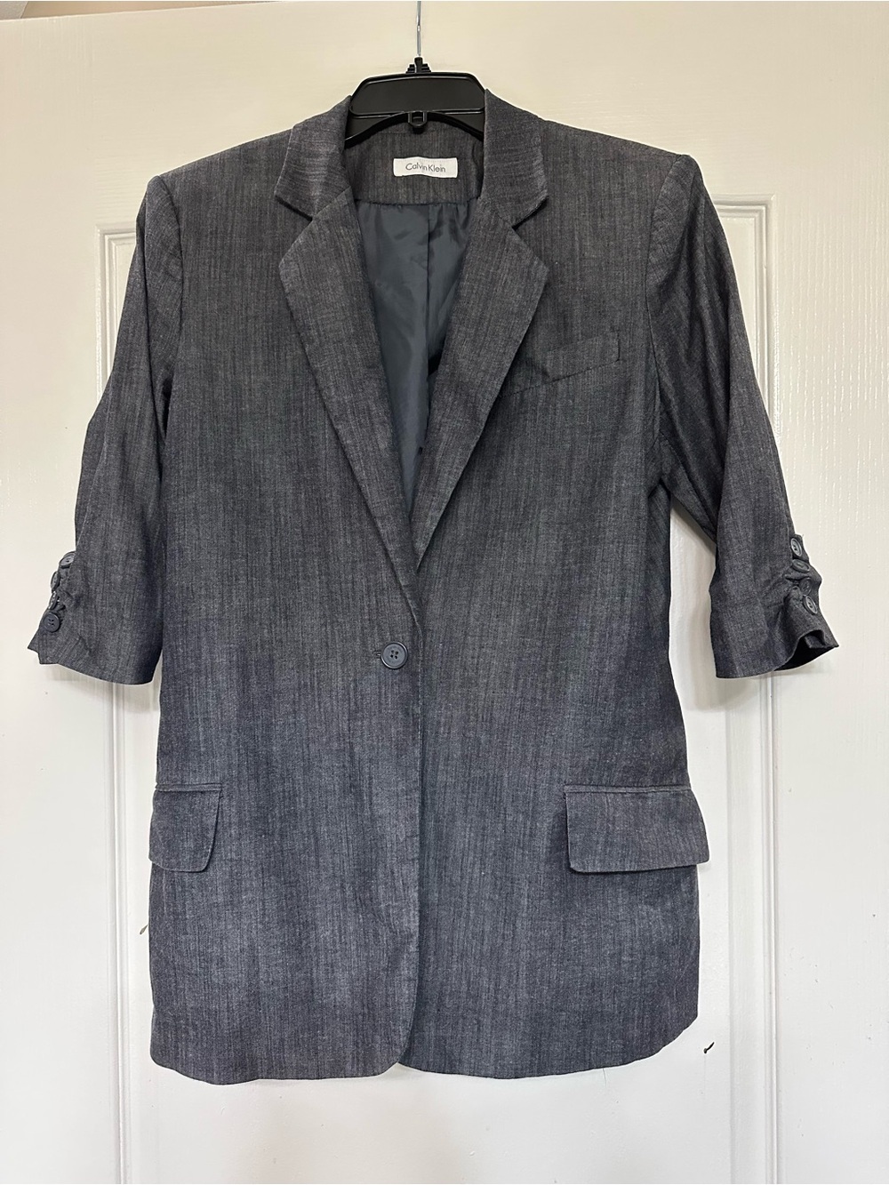 Calvin Klein Women's Gray Blue Chanbray Linen Blazer Jacket Ruched Sleeves 10/12